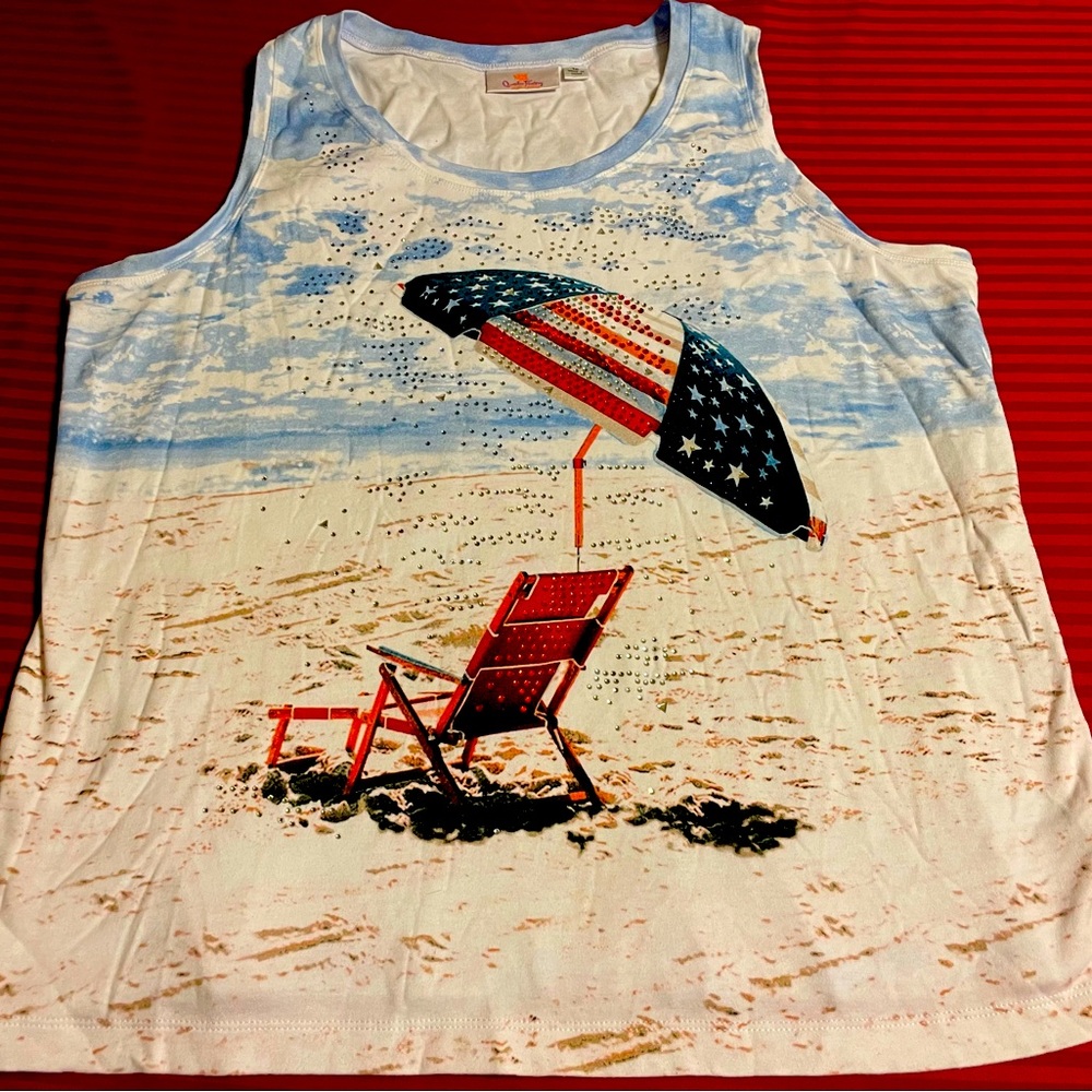 Pre-Owned Multicolor Quacker Factory Rhinestone USA American Flag Beach Tank Top